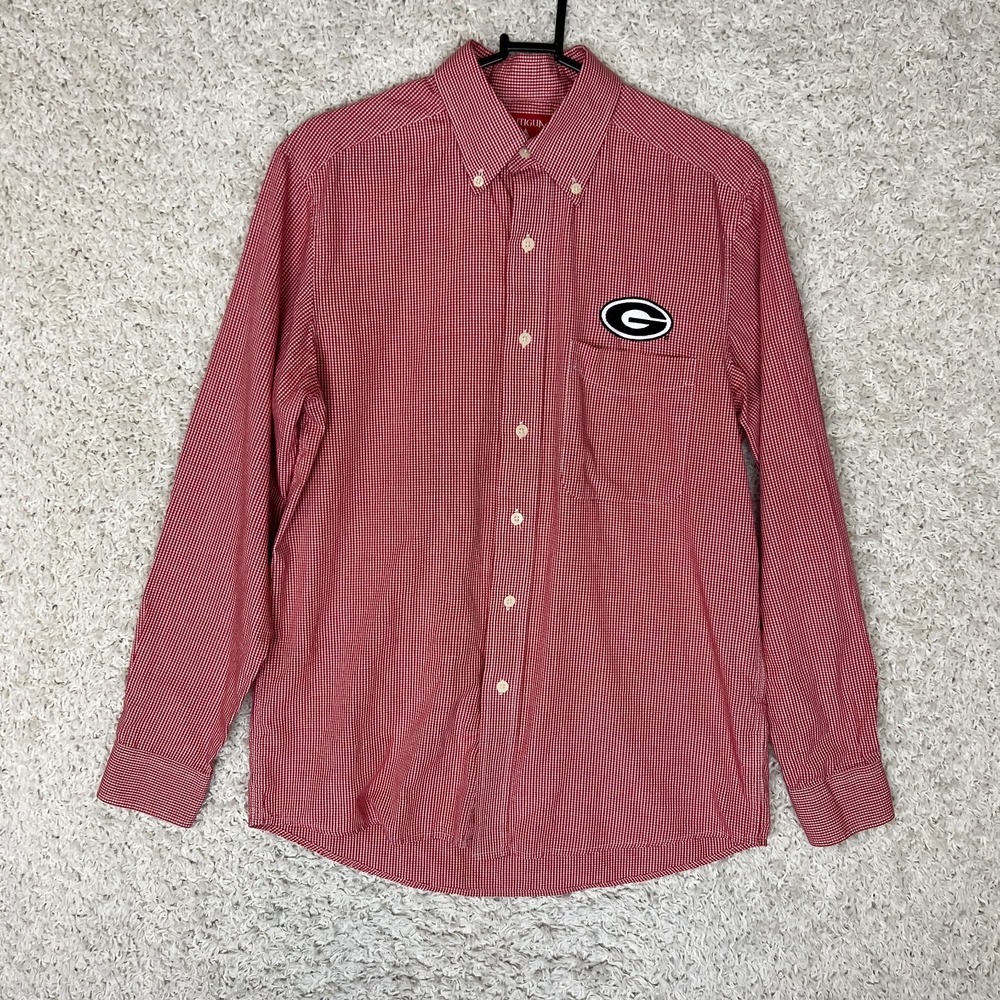 Georgia Bulldogs Shirt Mens Small Red Gingham Check Long Sleeve Logo NCAA Preppy